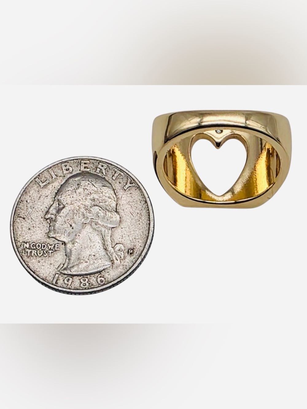 Sculptural Gold Tone Open Heart Signet Ring Bold Minimalist Runway Statement - Picture 3 of 5